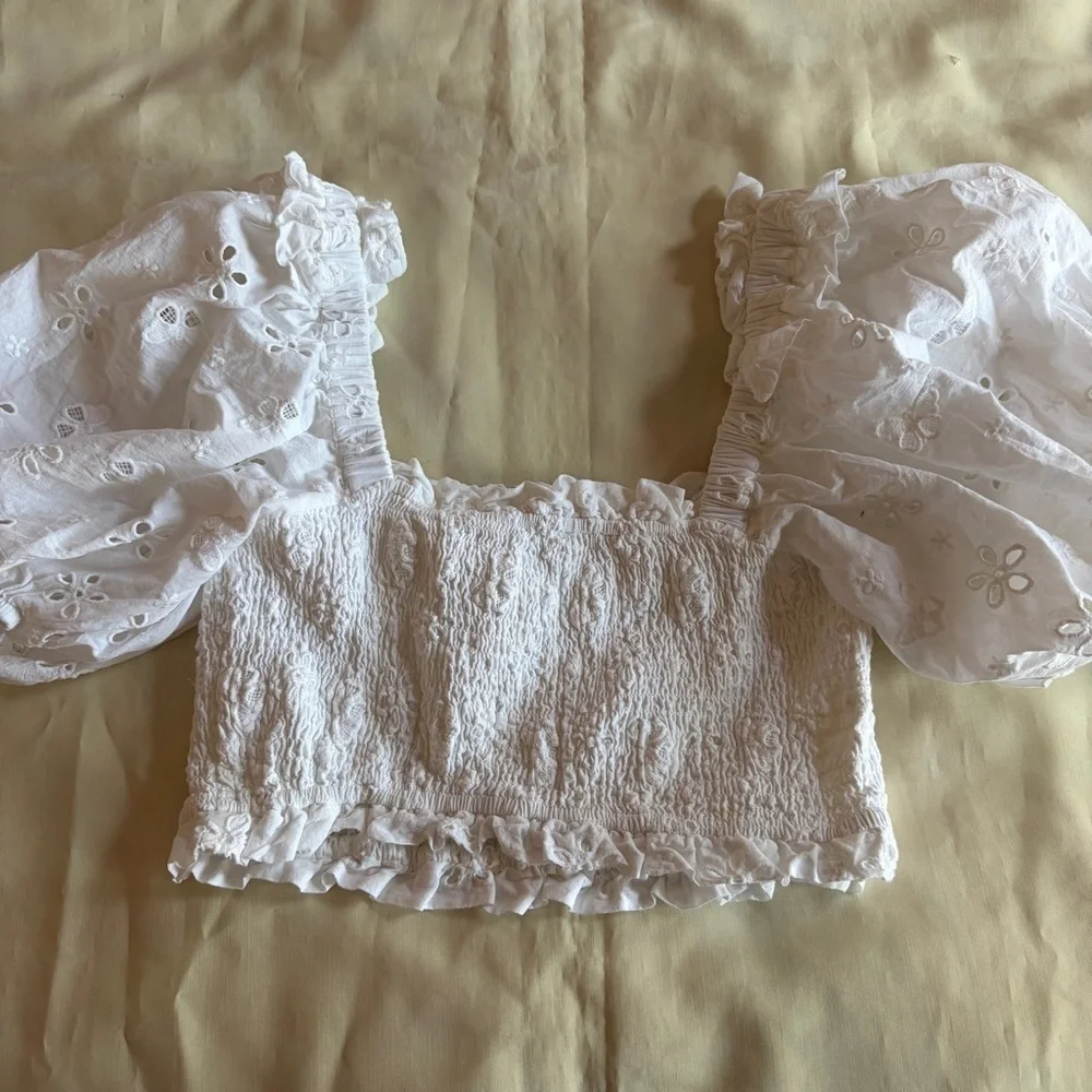 For Love and Lemons- Addison Blouse Size Large White Floral Puff Sleeve